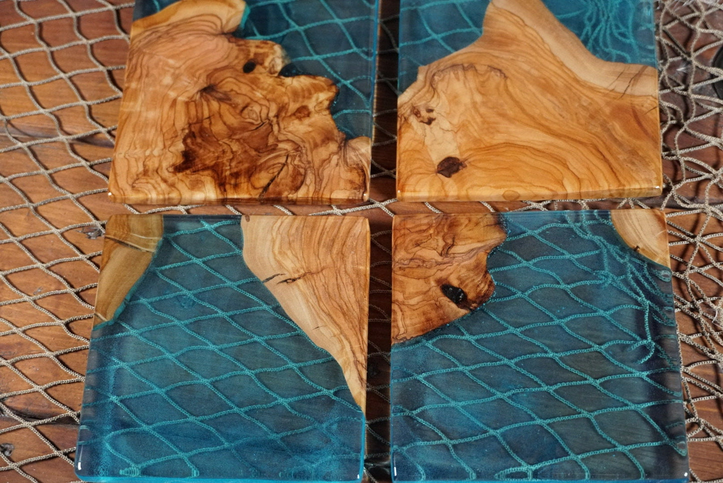 Aqua Blue/Green Resin and Olive Wood Coasters