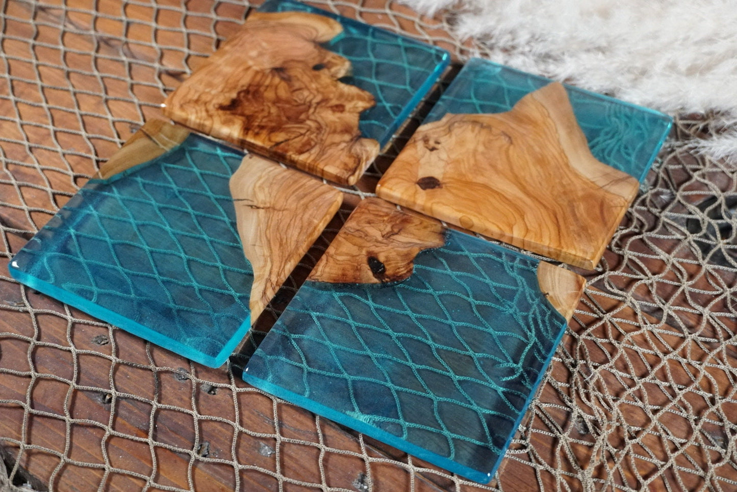 Aqua Blue/Green Resin and Olive Wood Coasters