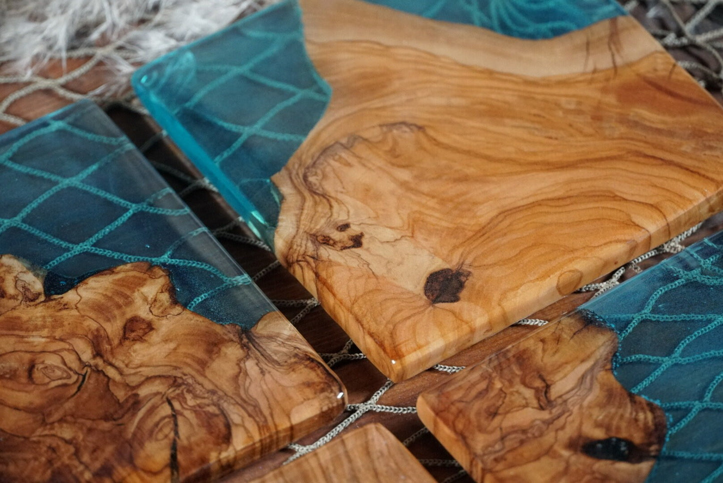 Aqua Blue/Green Resin and Olive Wood Coasters