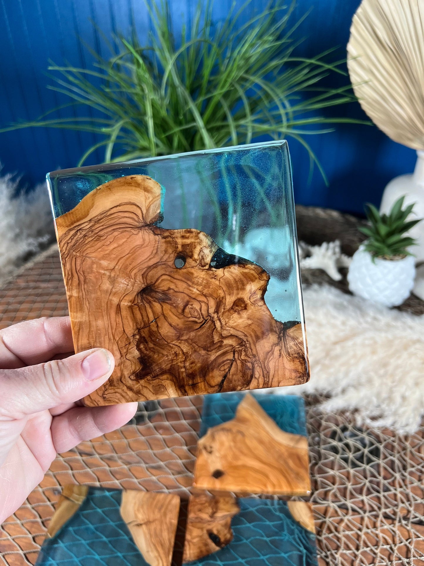 Aqua Blue/Green Resin and Olive Wood Coasters