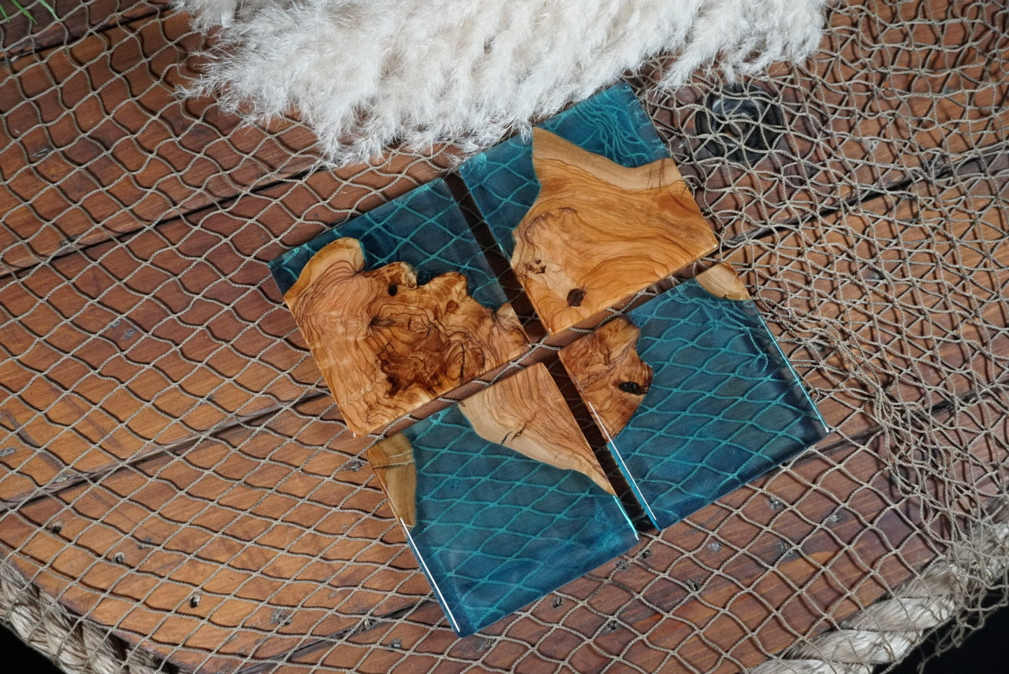 Aqua Blue/Green Resin and Olive Wood Coasters