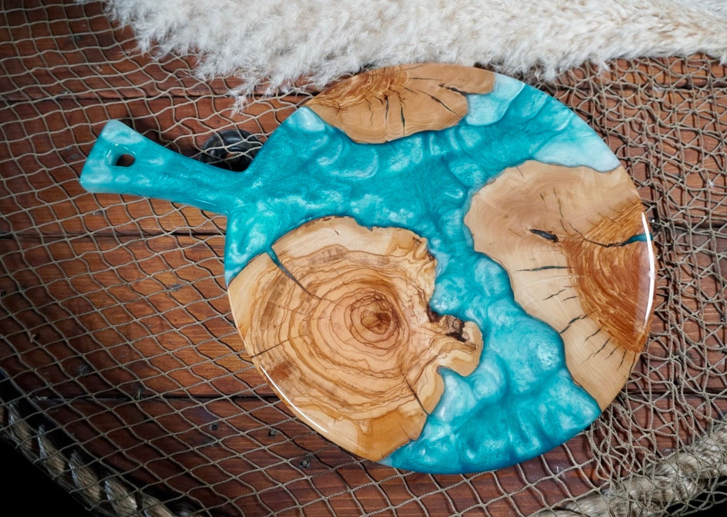 Turquoise with Olive Wood Round Charcuterie Board