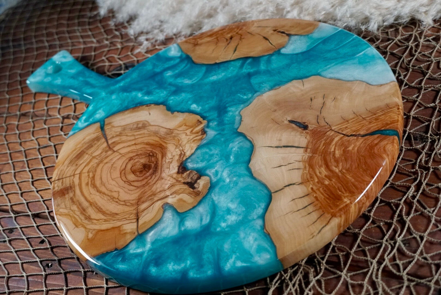 Turquoise with Olive Wood Round Charcuterie Board