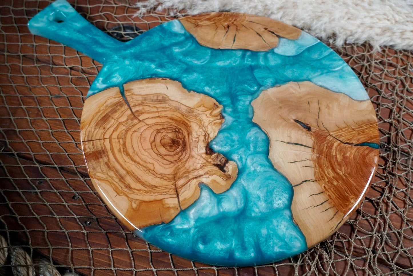 Turquoise with Olive Wood Round Charcuterie Board