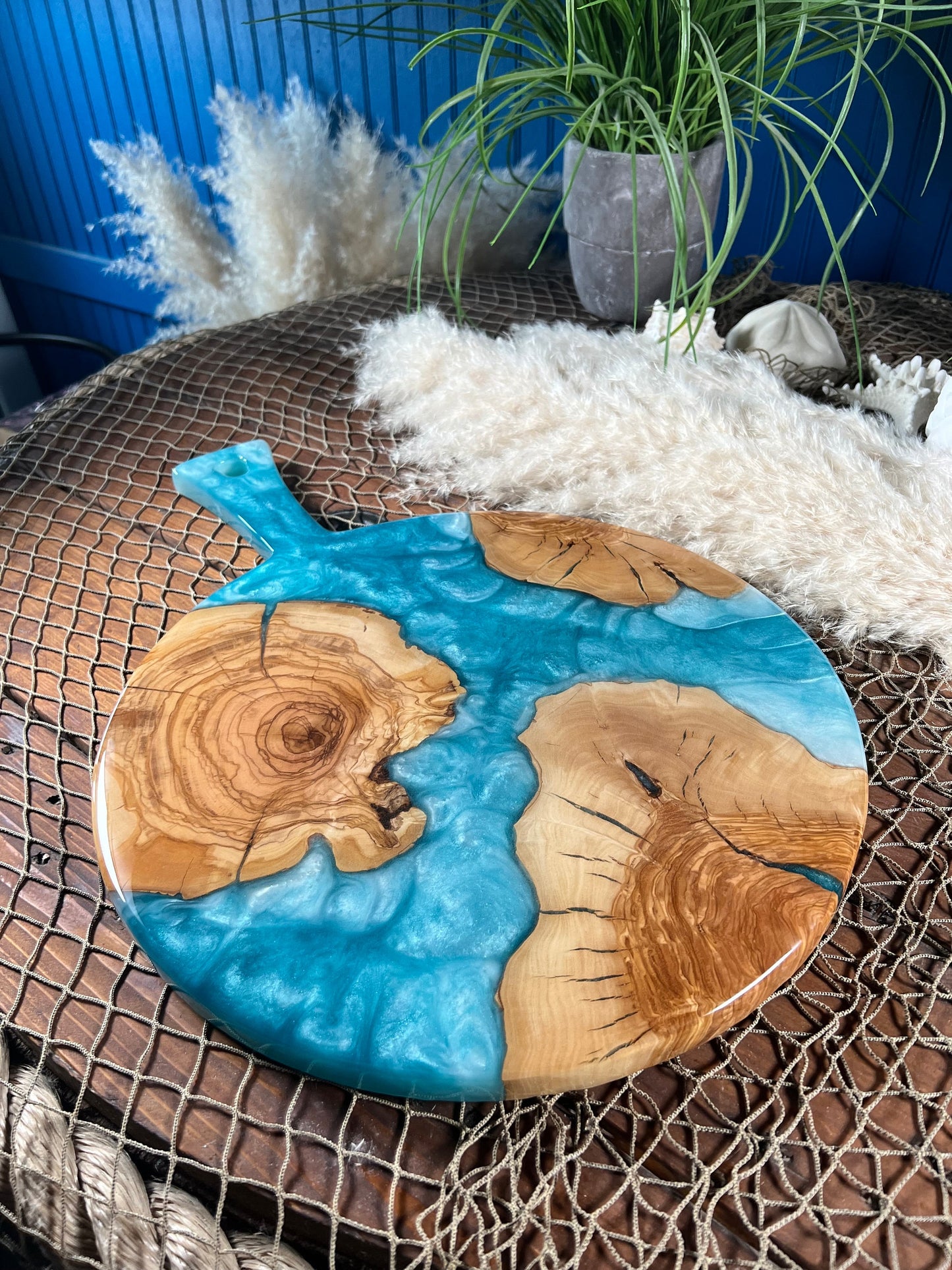 Turquoise with Olive Wood Round Charcuterie Board