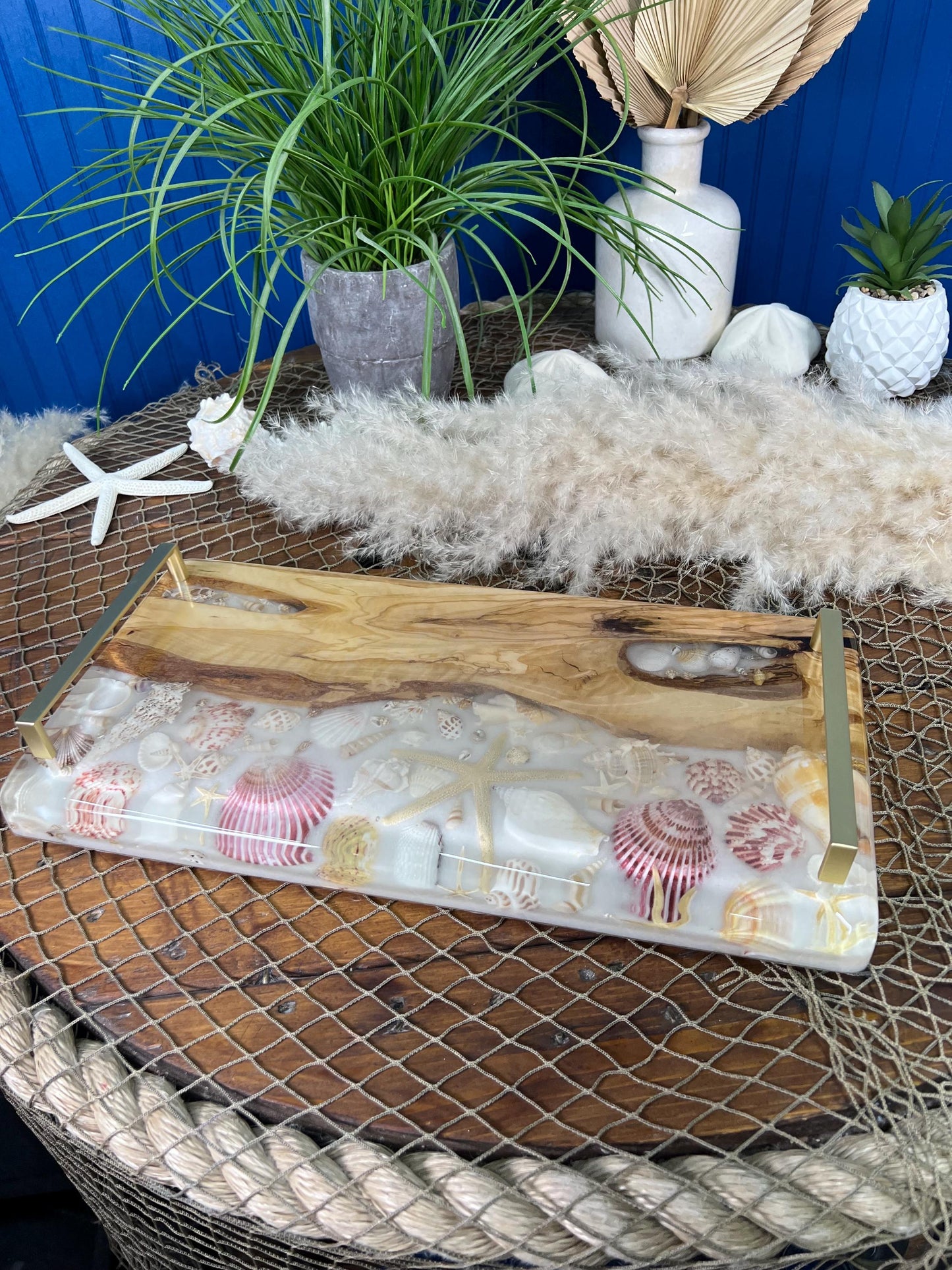 Sea Shell and Walnut Resin Serving Tray, Charcuterie Board/Wall Art