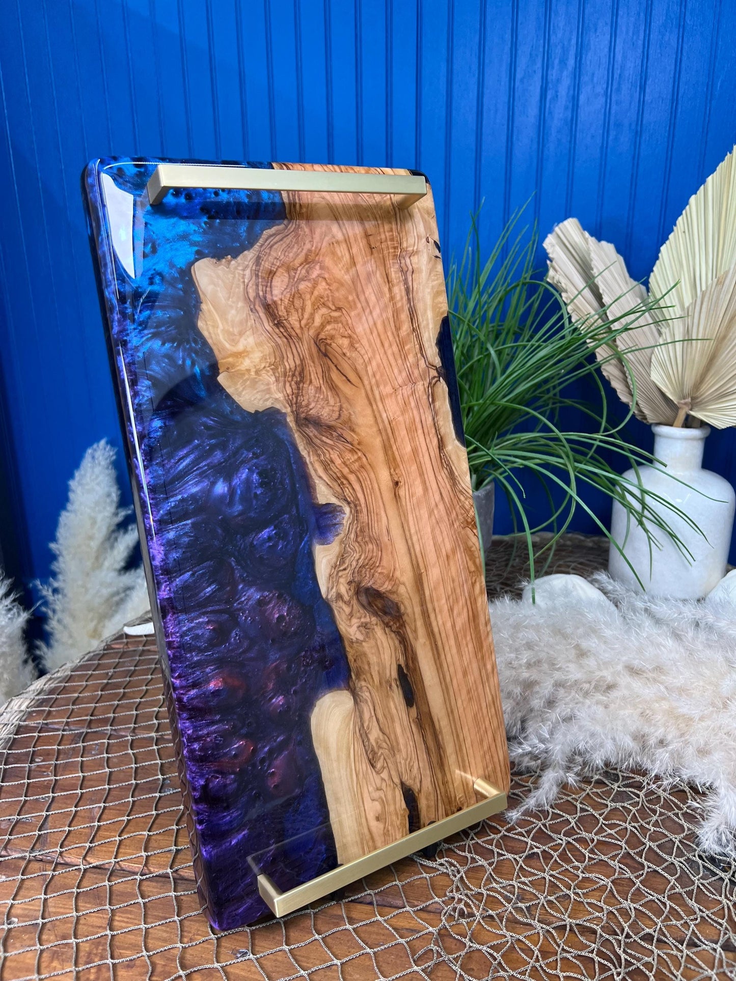 Olive Wood with Blue and Purple Epoxy Resin Charcuterie Board, serving board