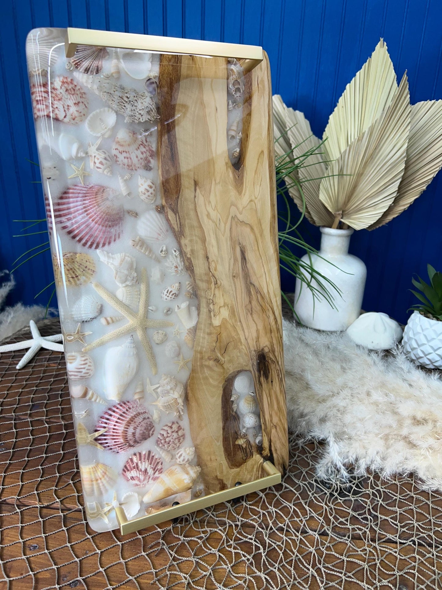 Sea Shell and Olive Wood Resin Serving Tray, Charcuterie Board/Wall Art