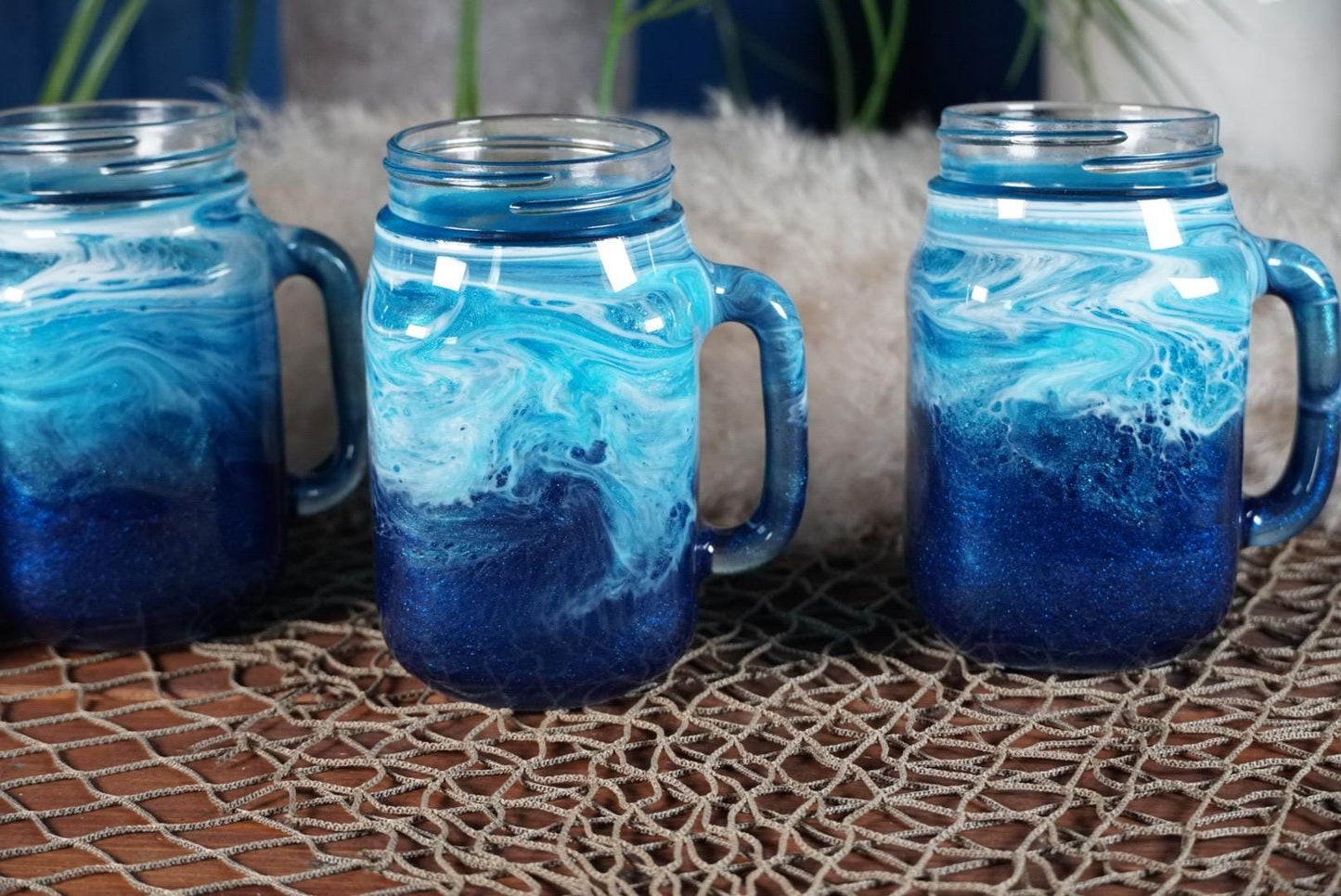 Ocean Waves 16 oz Mason Jar Beverage Glasses with handles | Coastal Decor