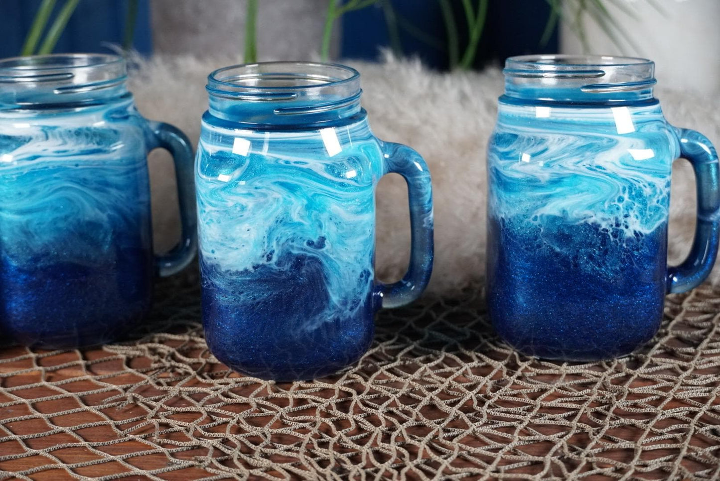 Ocean Waves 16 oz Mason Jar Beverage Glasses with handles | Coastal Decor