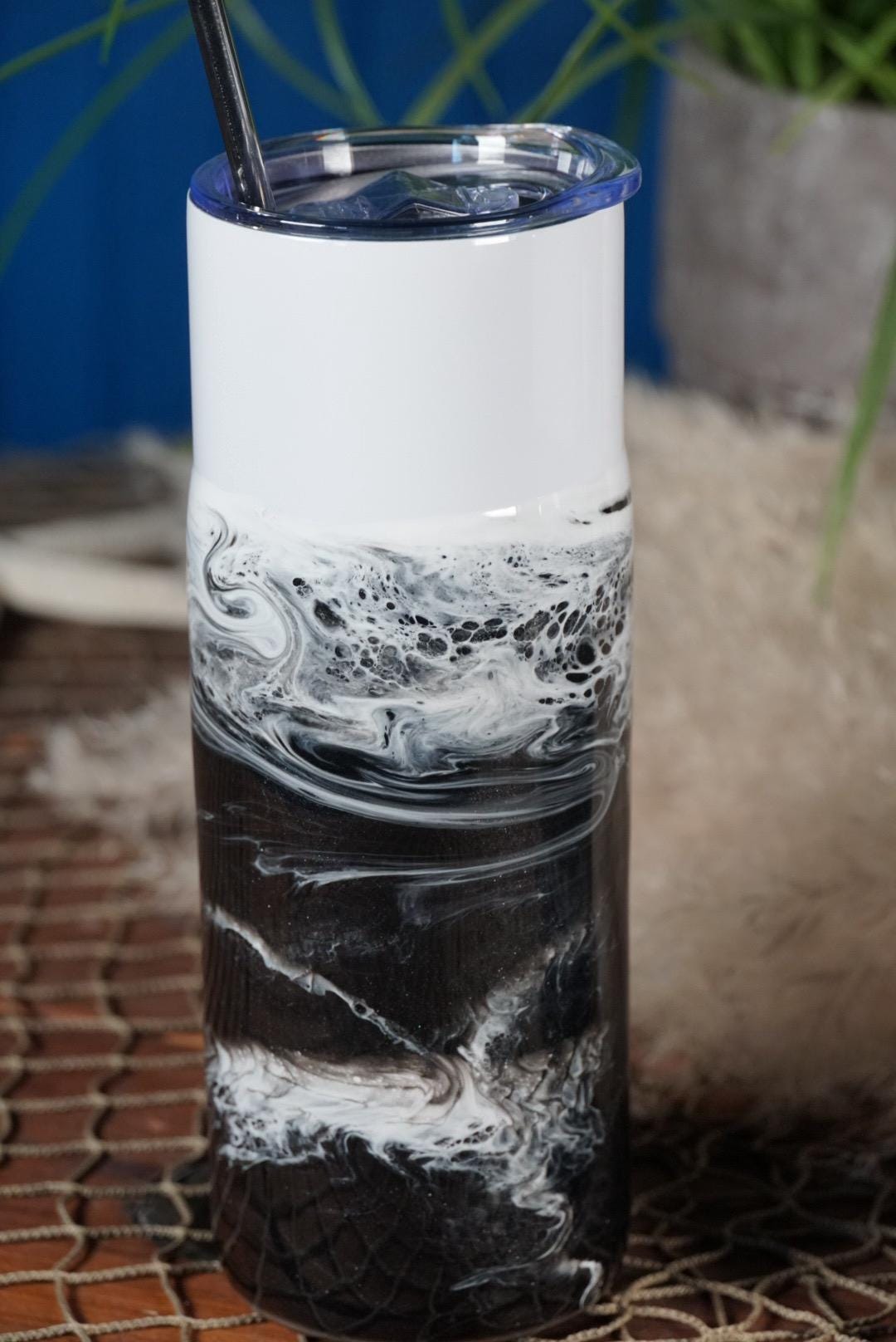 Black and White Waves 20 oz Insulated Drink Tumbler | Coastal Decor