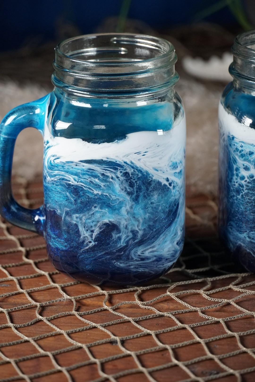 Ocean Waves 16 oz Mason Jar Beverage Glasses with handles |Coastal Decor