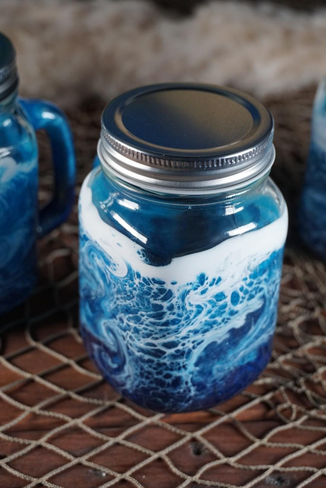 Ocean Waves 16 oz Mason Jar Beverage Glasses with handles |Coastal Decor