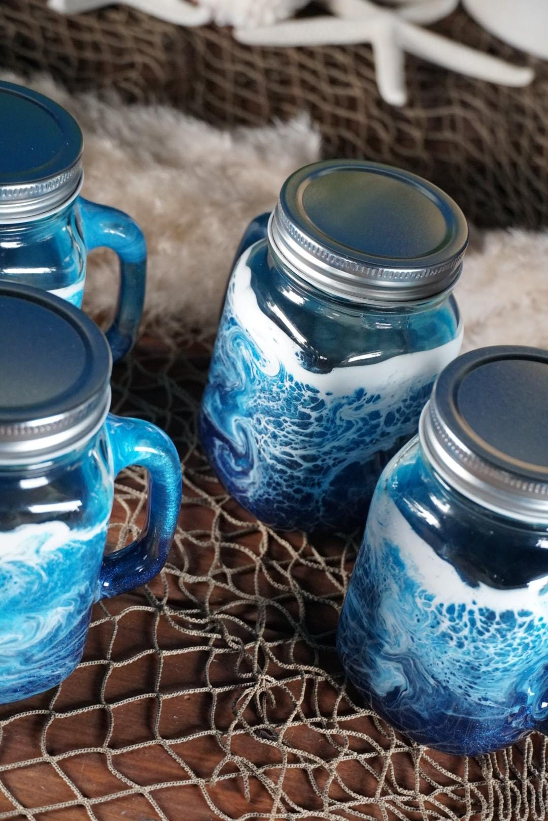 Ocean Waves 16 oz Mason Jar Beverage Glasses with handles |Coastal Decor