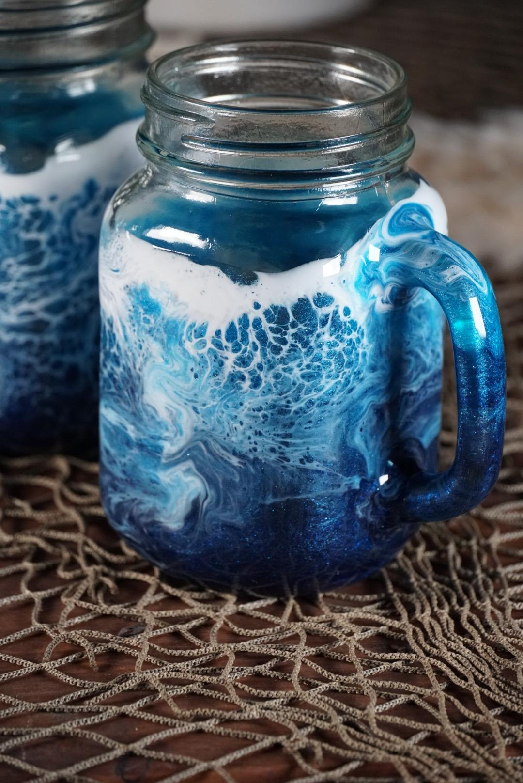 Ocean Waves 16 oz Mason Jar Beverage Glasses with handles |Coastal Decor