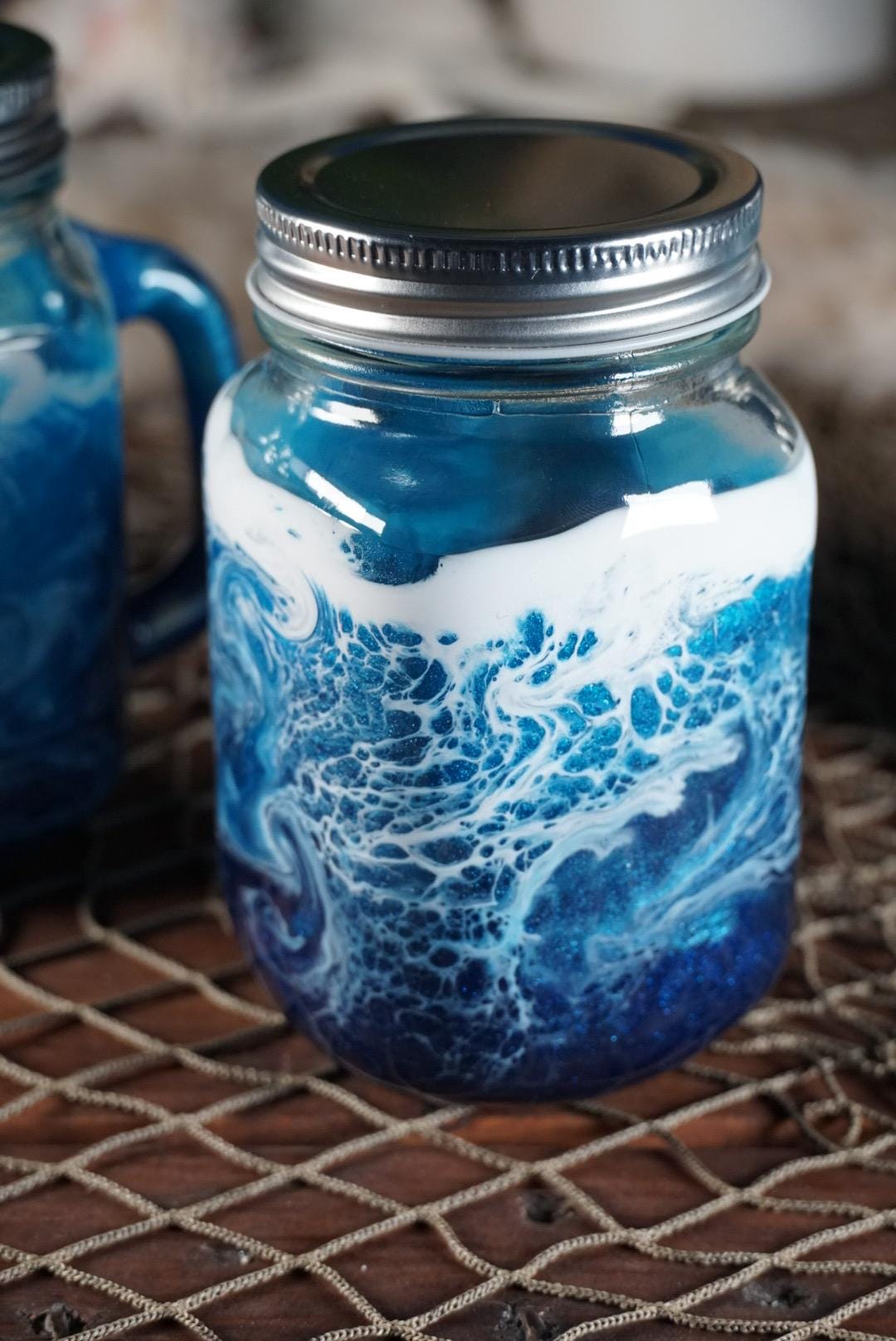 Ocean Waves 16 oz Mason Jar Beverage Glasses with handles |Coastal Decor