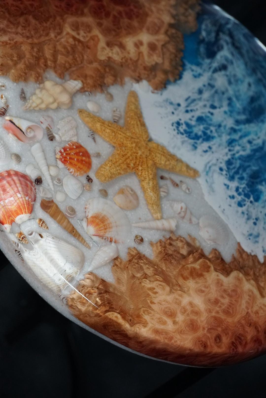 SEA SCAPE MALLEE Epoxy Resin Round Table with Mallee Burl, Ocean Waves, Sand & Shells | Side Table | End Table | Accent Table