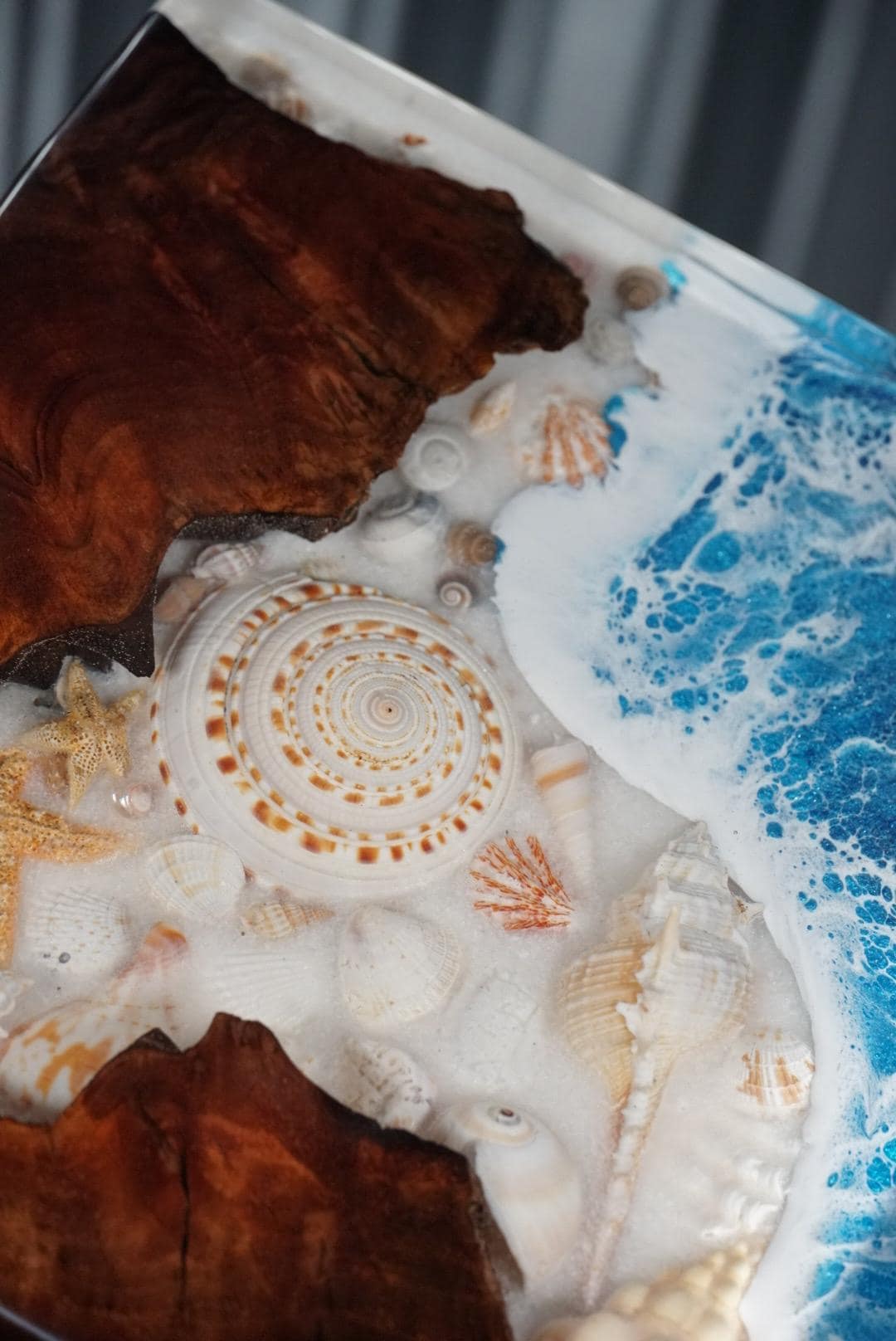 SEA SCAPE BURL Epoxy Resin Table with Walnut Burl, Ocean Waves, Sand & Shells | Side Table | End Table | Accent Table