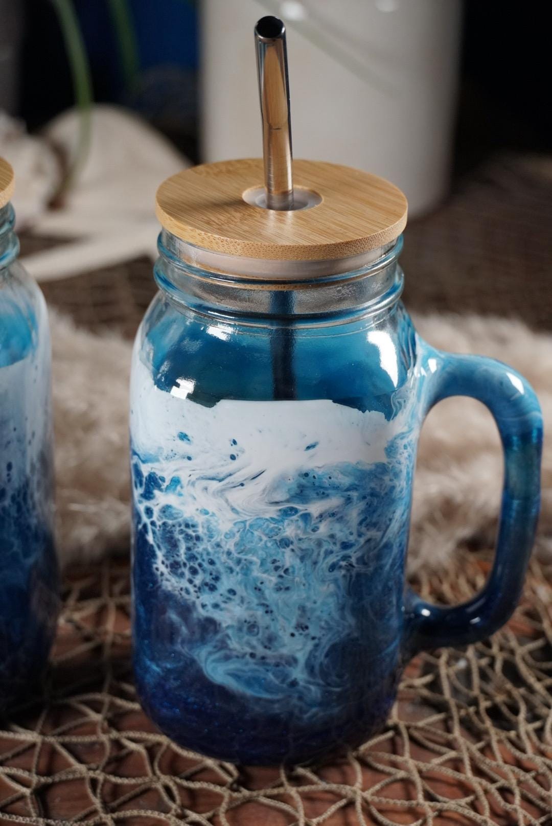 Ocean Waves 24 oz Mason Jar Beverage Glass with handle and bamboo lid with straw | Coastal Decor