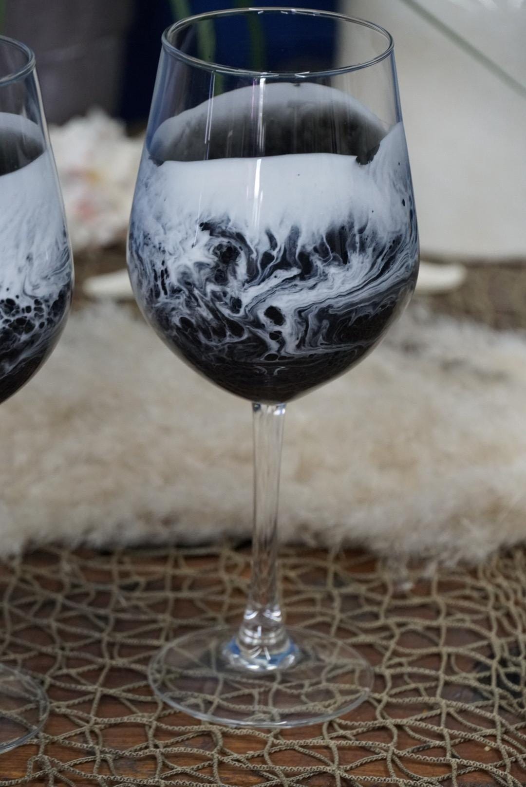 Black with Ocean Waves Wine Glasses | Coastal Decor