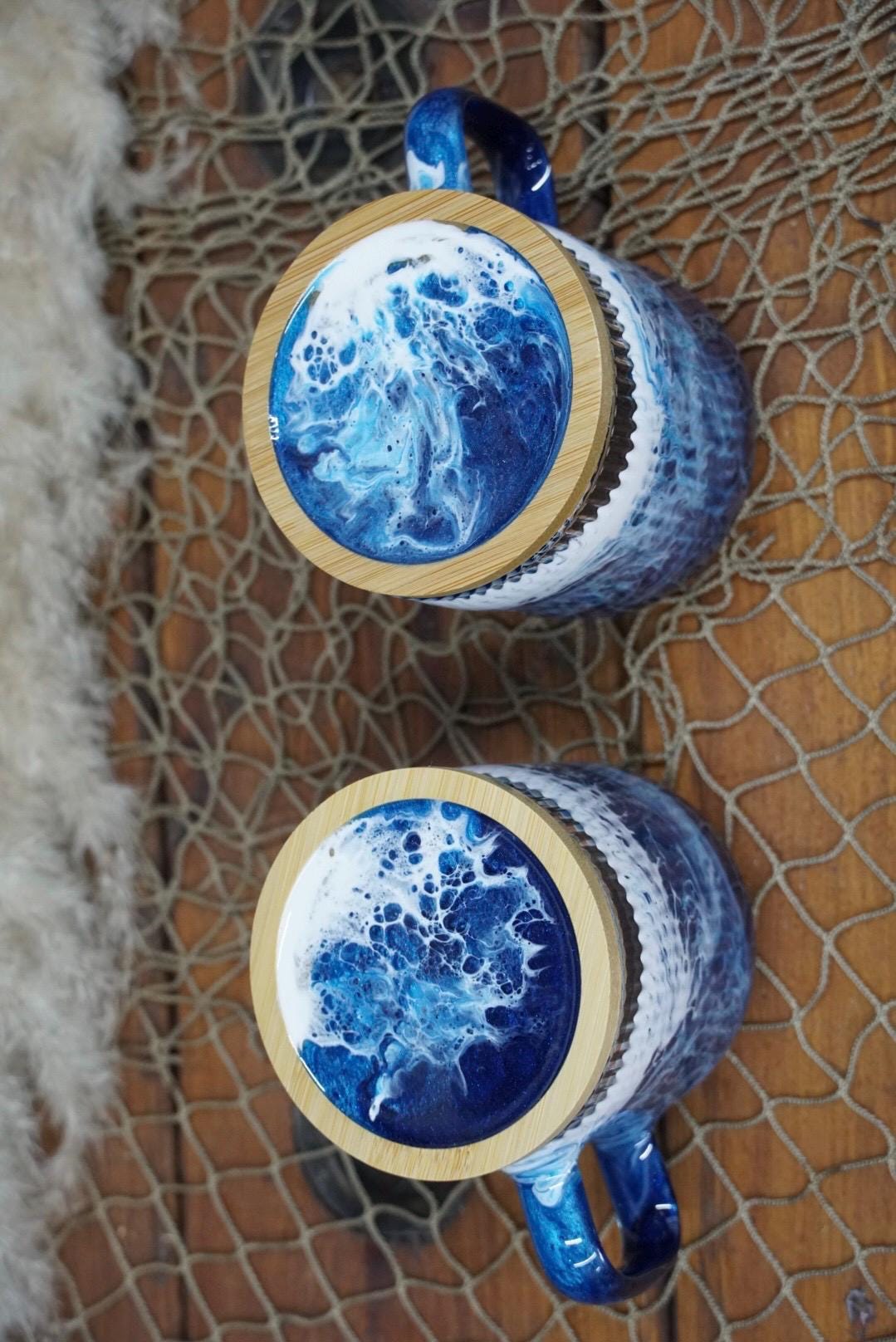 Ocean Waves Coffee Cup Set with Coaster Lids | Coastal Decor