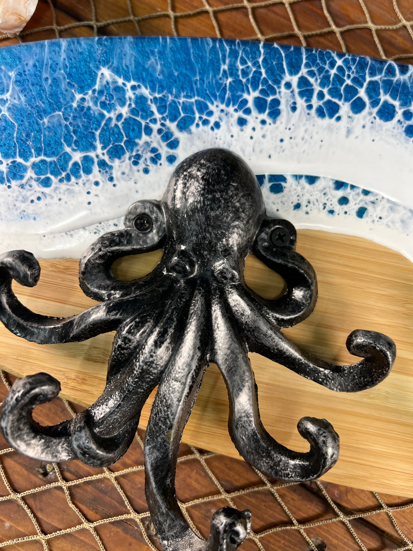 Ocean Waves Resin Surfboard hanger with octopuses