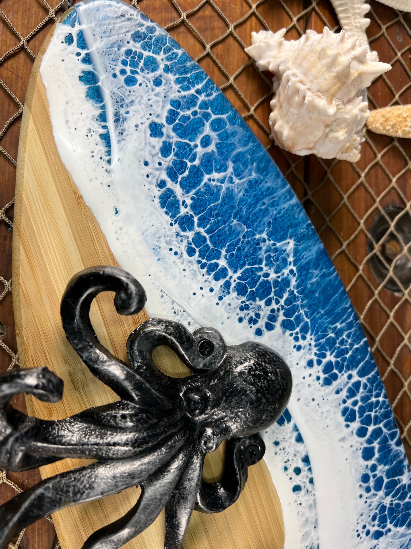 Ocean Waves Resin Surfboard hanger with octopuses