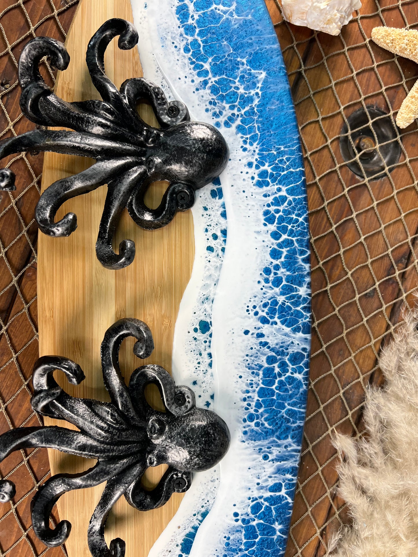 Ocean Waves Resin Surfboard hanger with octopuses