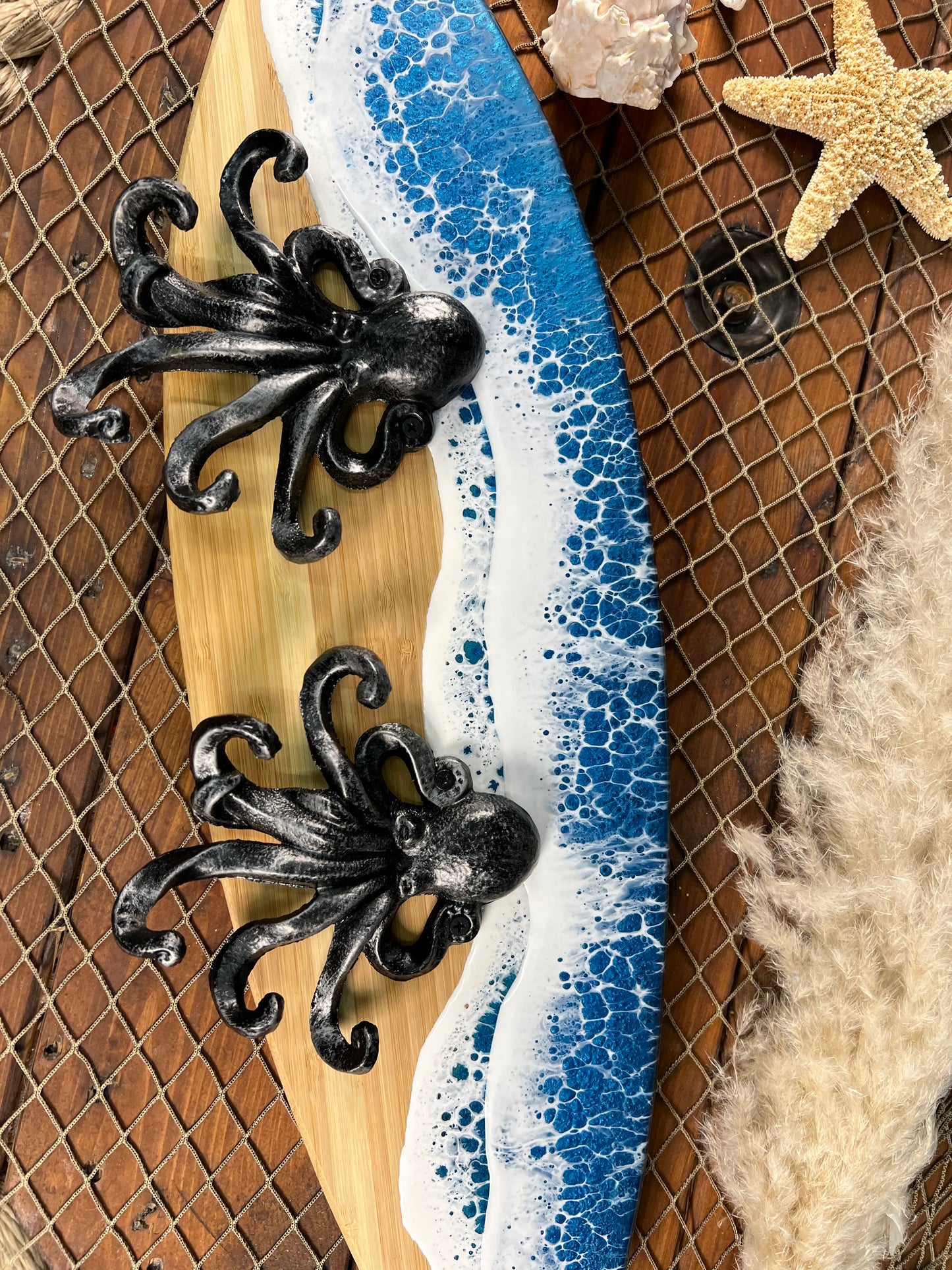Ocean Waves Resin Surfboard hanger with octopuses