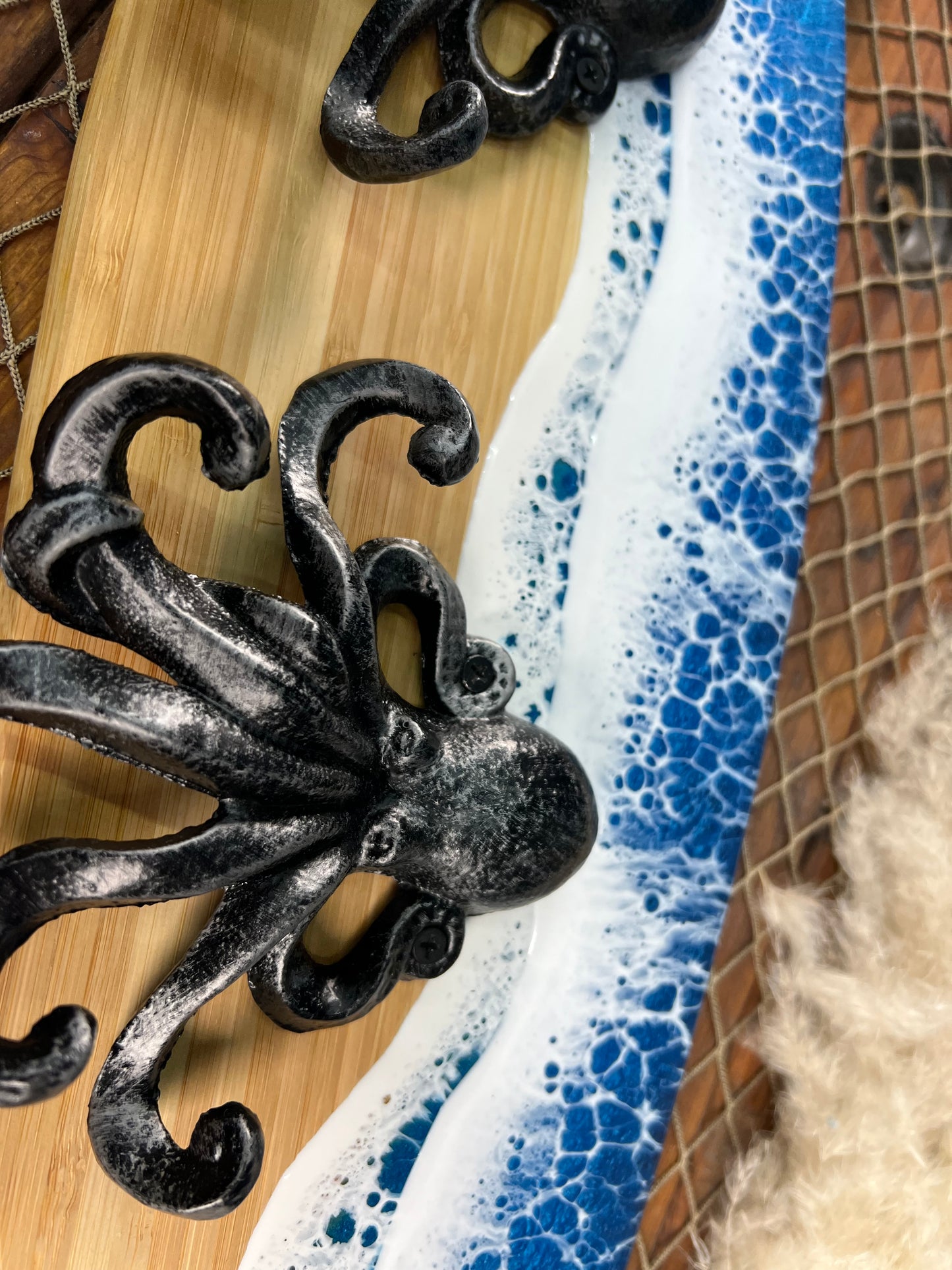 Ocean Waves Resin Surfboard hanger with octopuses