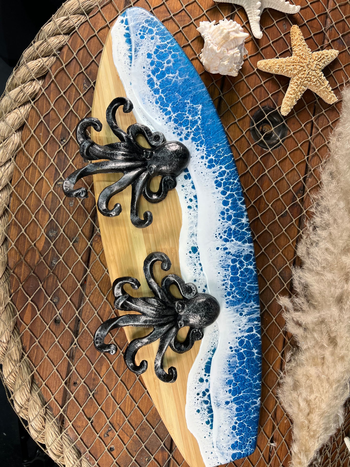 Ocean Waves Resin Surfboard hanger with octopuses