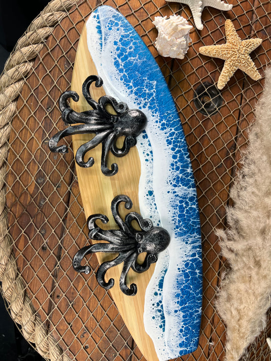 Ocean Waves Resin Surfboard hanger with octopuses