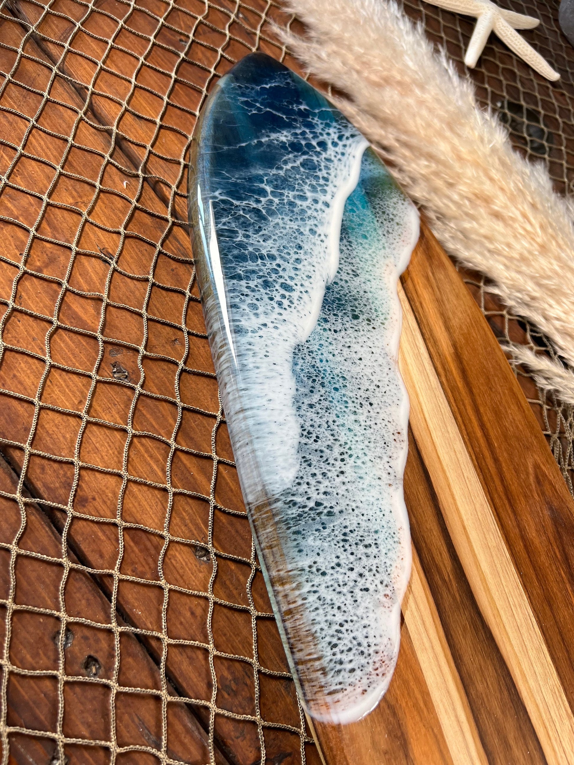 Teak Ocean Waves Resin Surfboard, Serving Tray, Charcuterie Board, Wall Art