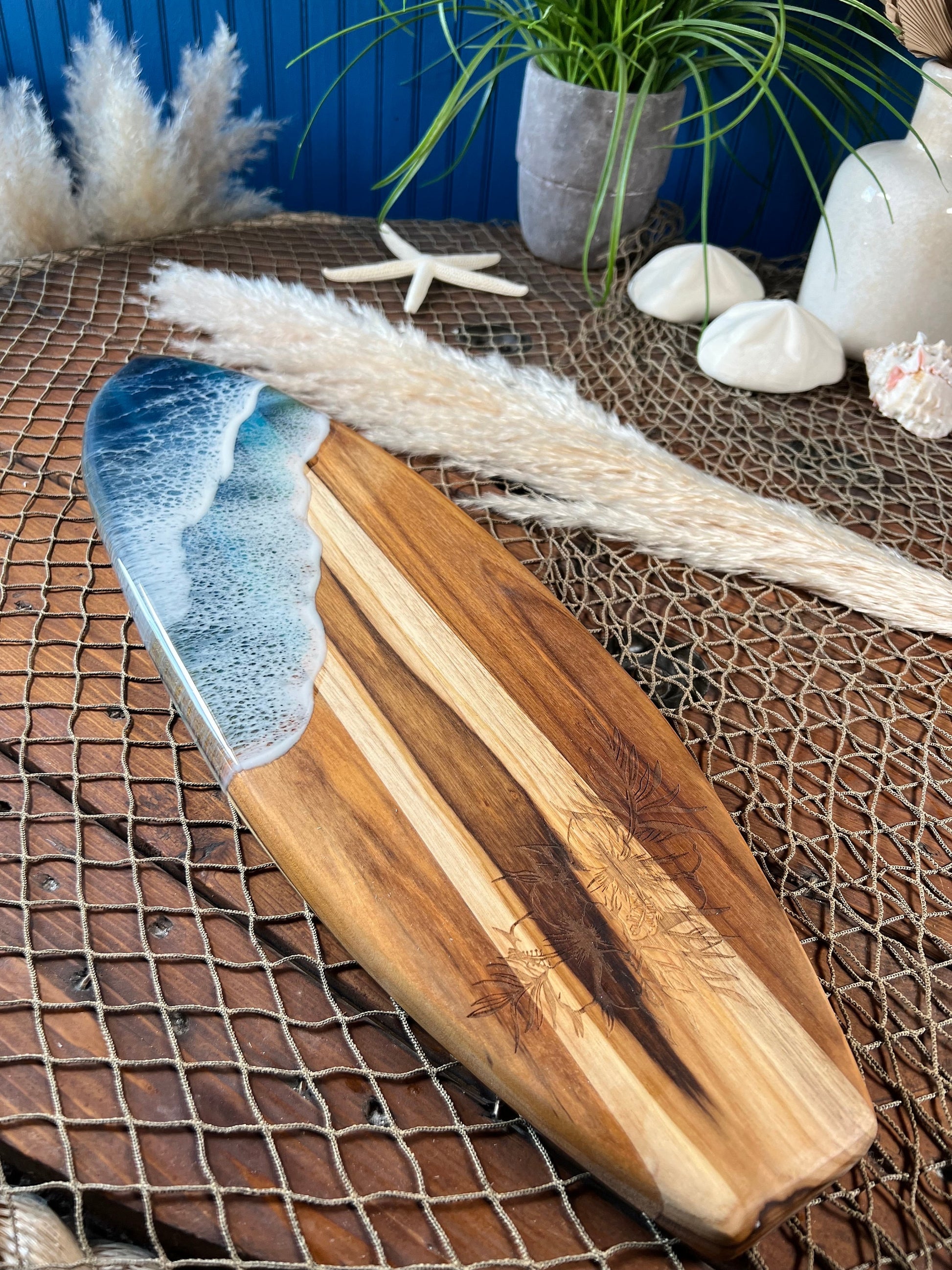 Teak Ocean Waves Resin Surfboard, Serving Tray, Charcuterie Board, Wall Art