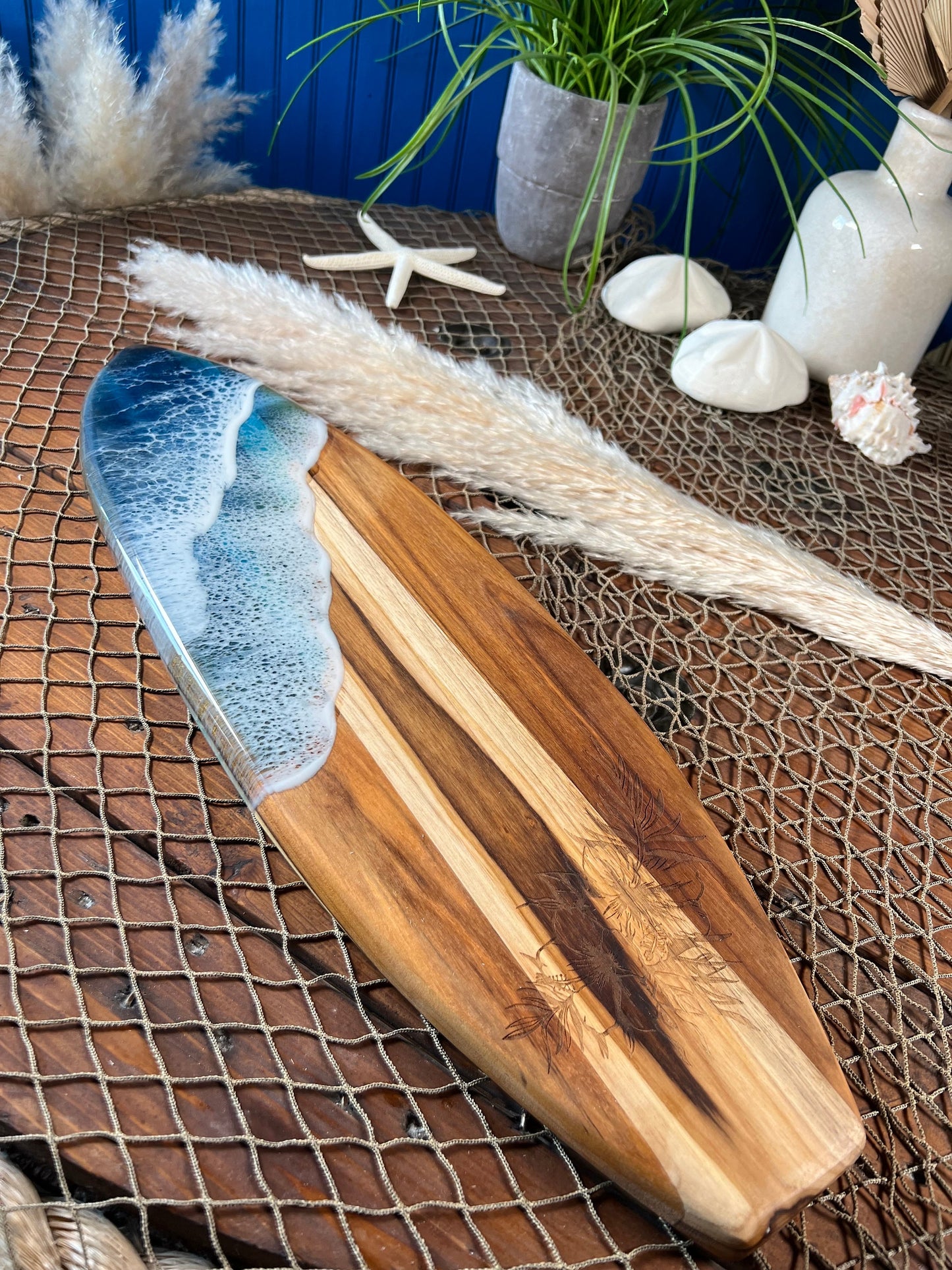 Teak Ocean Waves Resin Surfboard, Serving Tray, Charcuterie Board, Wall Art