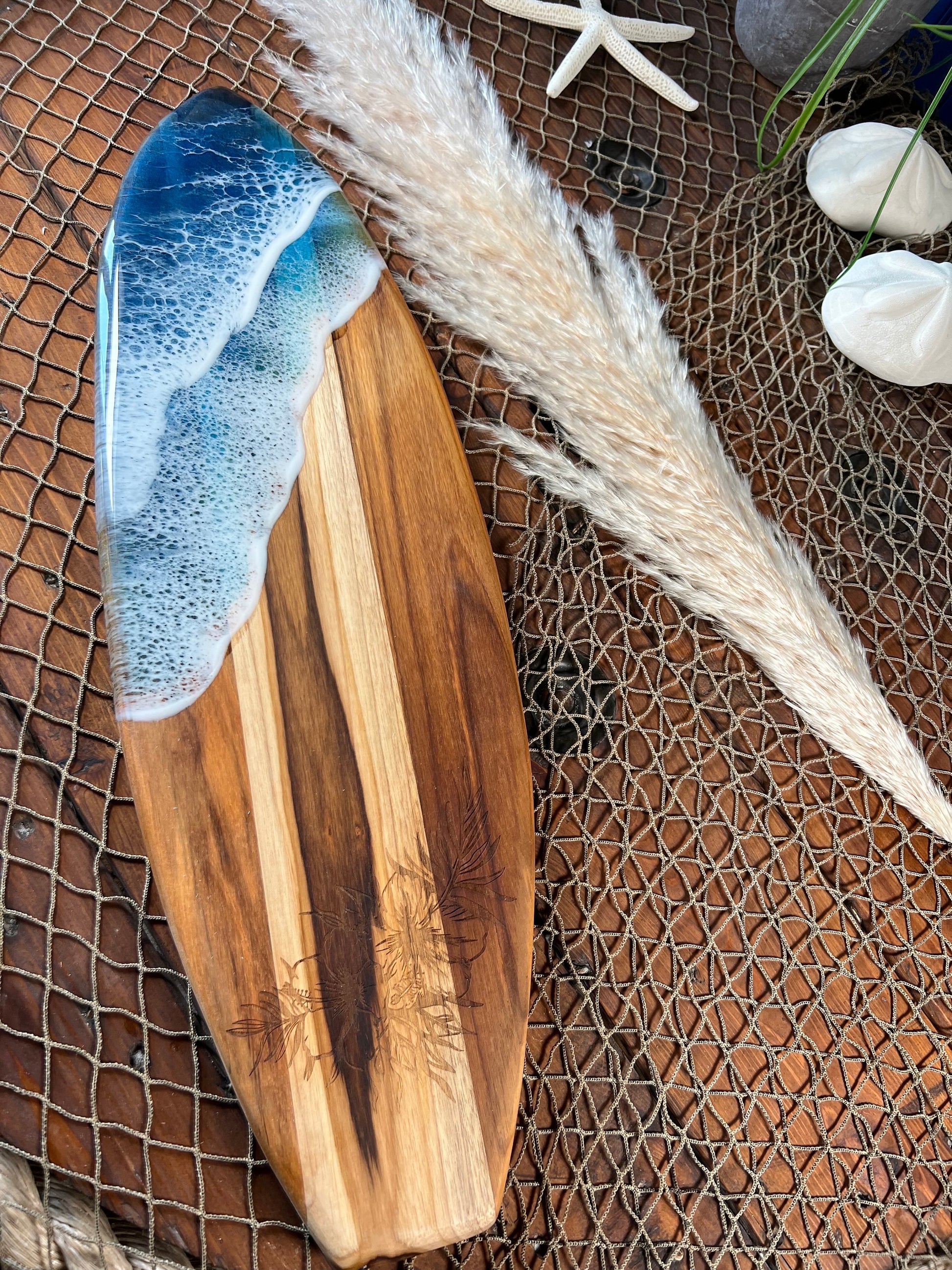 Teak Ocean Waves Resin Surfboard, Serving Tray, Charcuterie Board, Wall Art