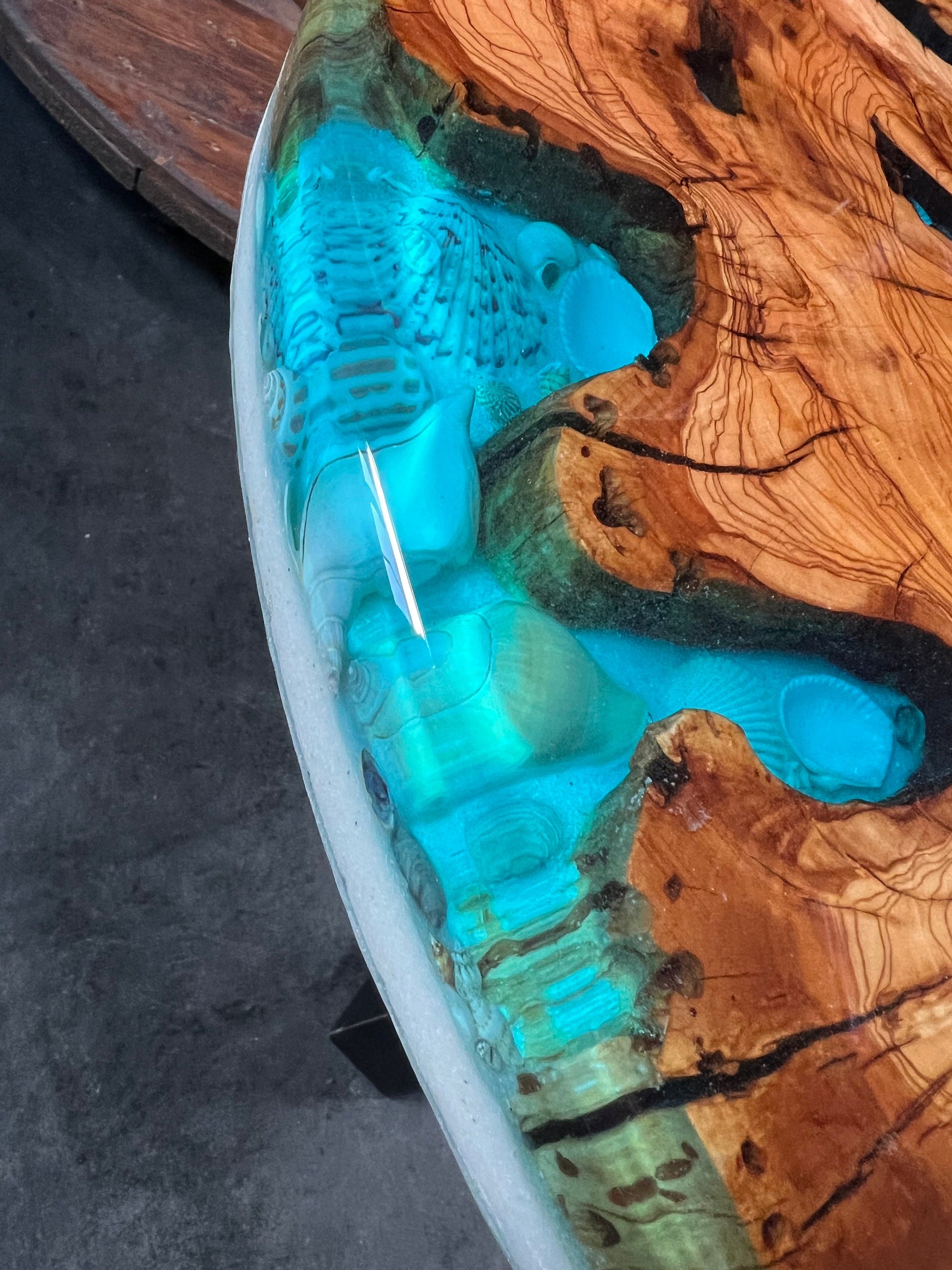Ocean view Sea shell, Blue, Olive Wood Round Table, coffee table, accent table