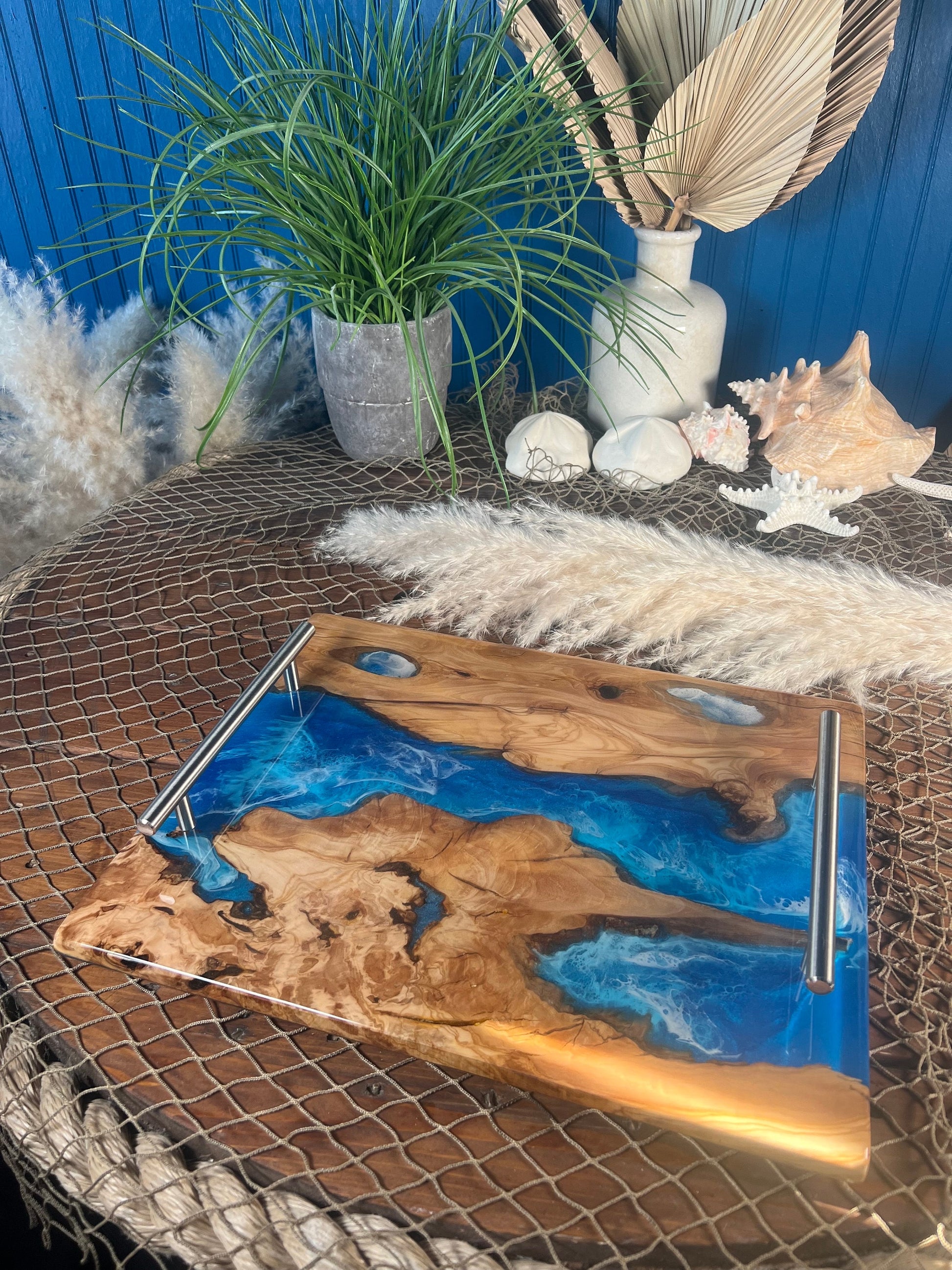 Olive Wood Ocean Waves, Resin Serving Tray, Charcuterie Board, Cheeseboard