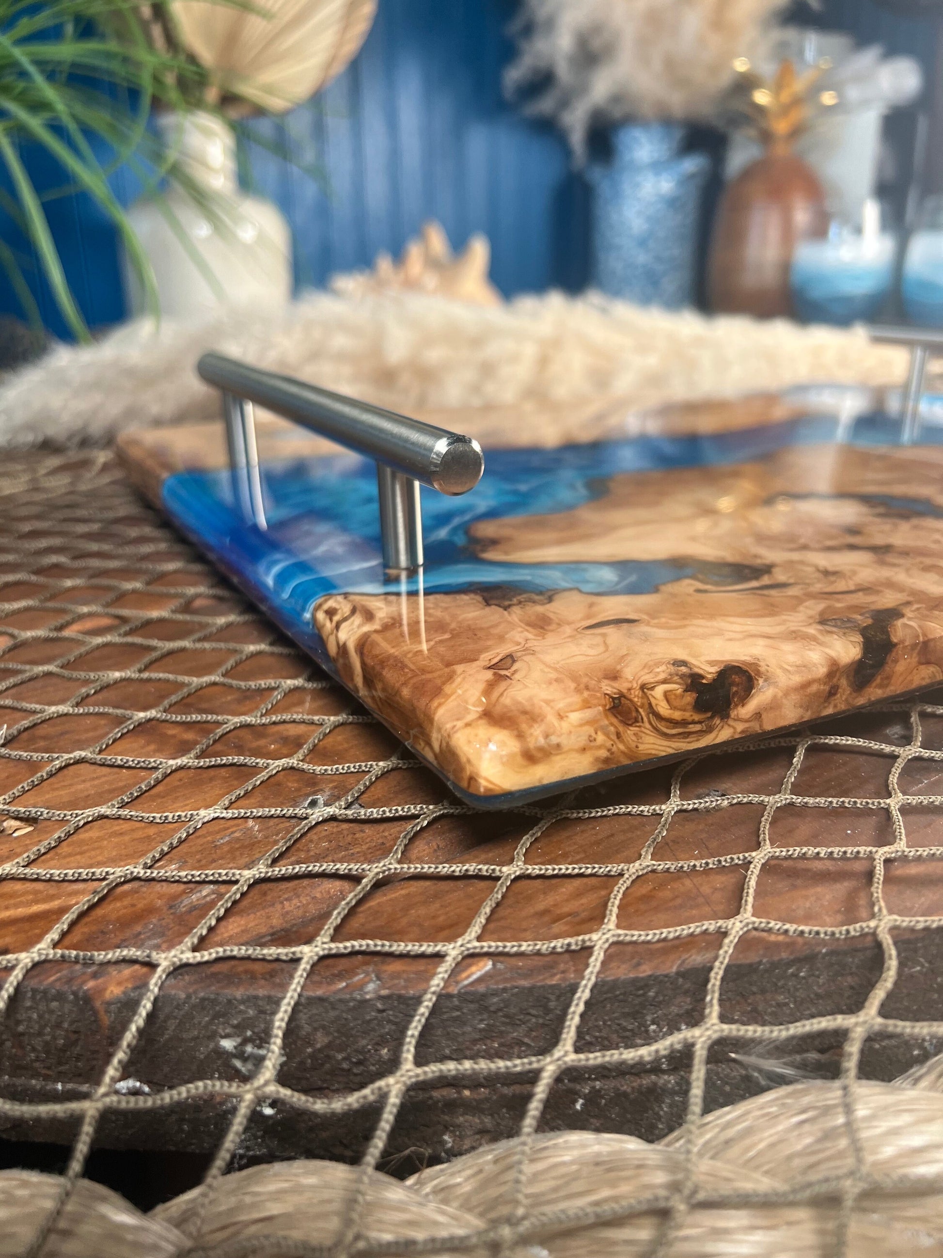 Olive Wood Ocean Waves, Resin Serving Tray, Charcuterie Board, Cheeseboard