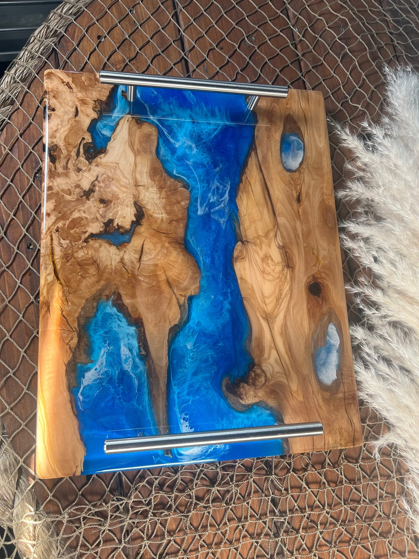 Olive Wood Ocean Waves, Resin Serving Tray, Charcuterie Board, Cheeseboard