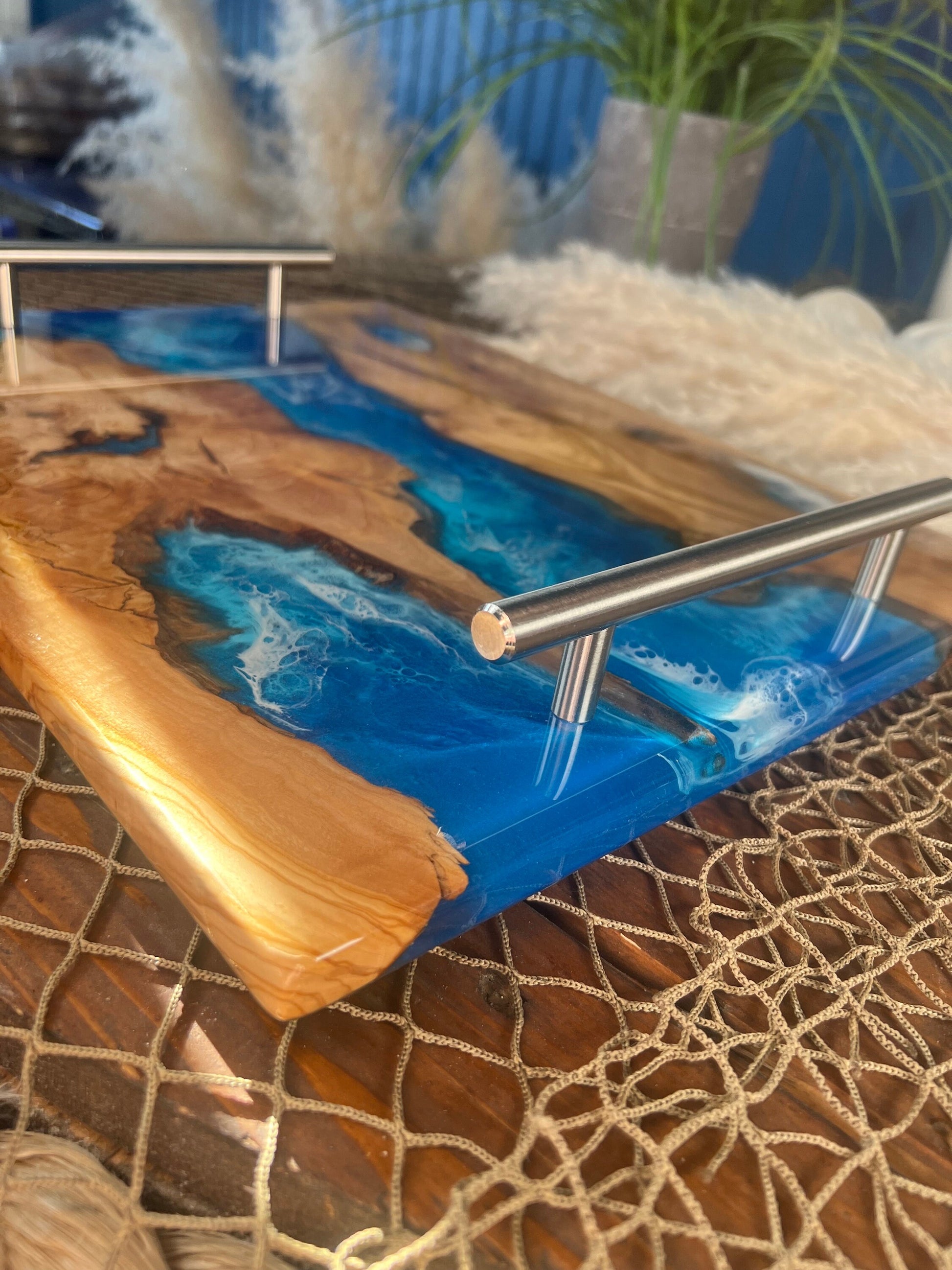 Olive Wood Ocean Waves, Resin Serving Tray, Charcuterie Board, Cheeseboard