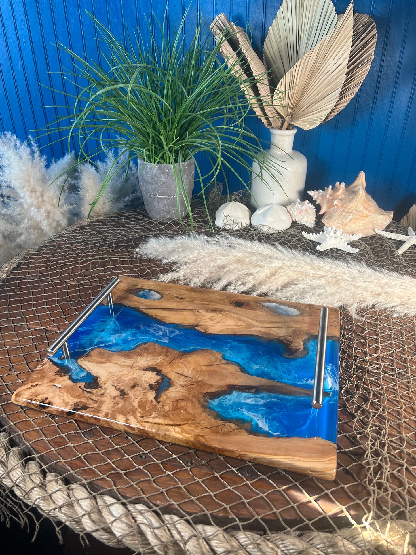Olive Wood Ocean Waves, Resin Serving Tray, Charcuterie Board, Cheeseboard