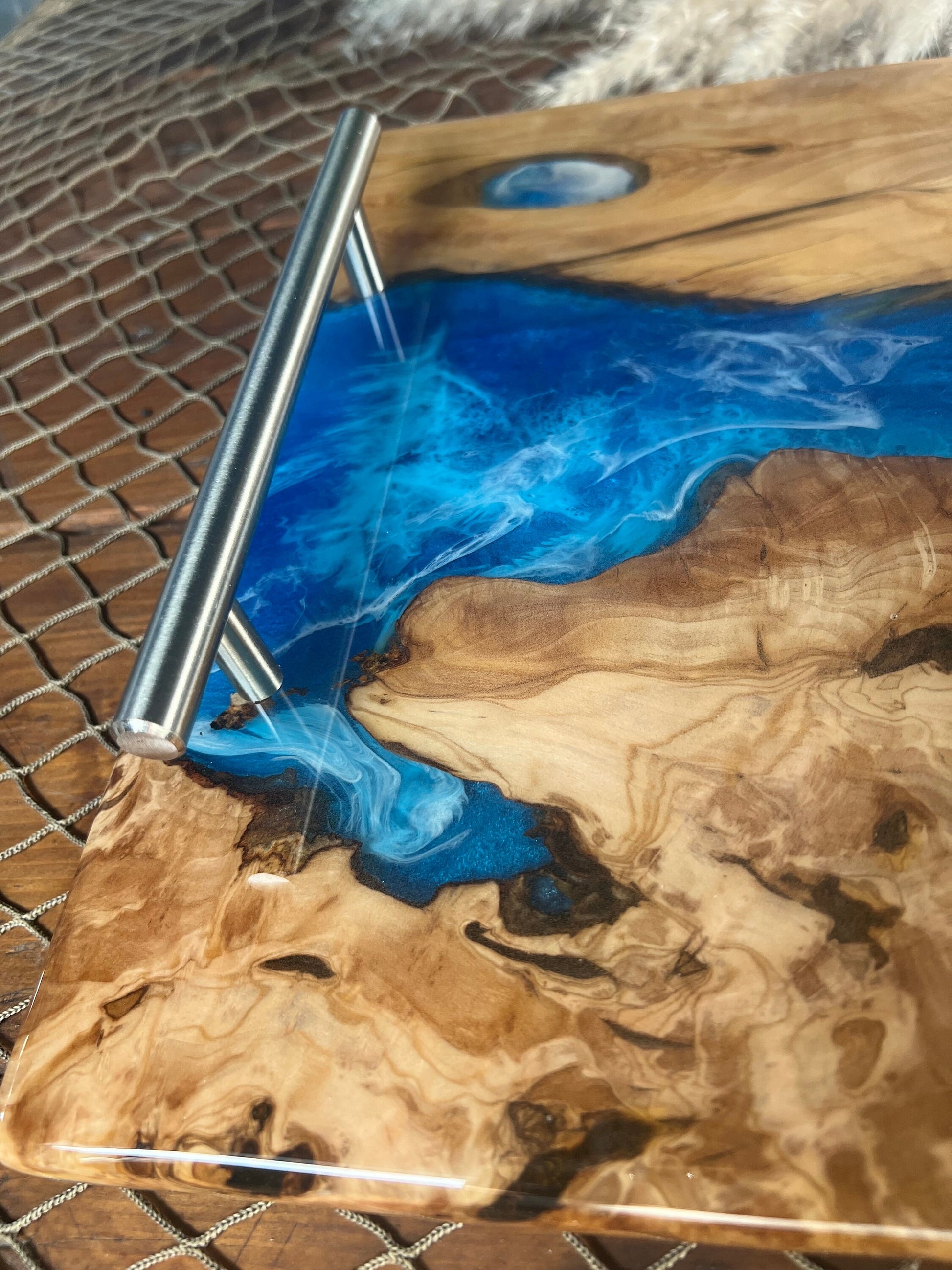 Olive Wood Ocean Waves, Resin Serving Tray, Charcuterie Board, Cheeseboard