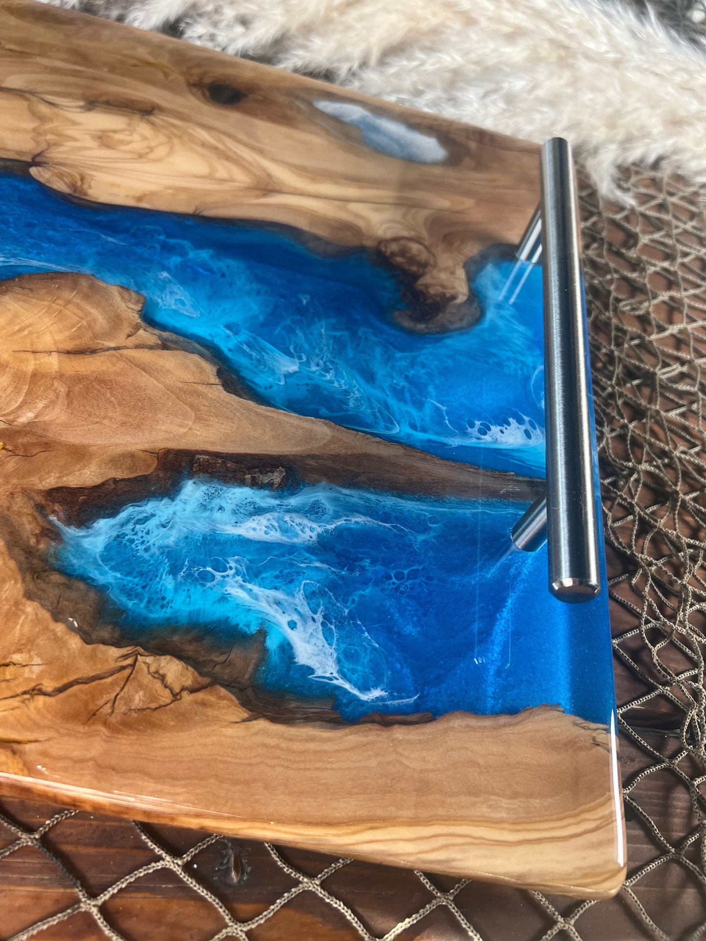 Olive Wood Ocean Waves, Resin Serving Tray, Charcuterie Board, Cheeseboard