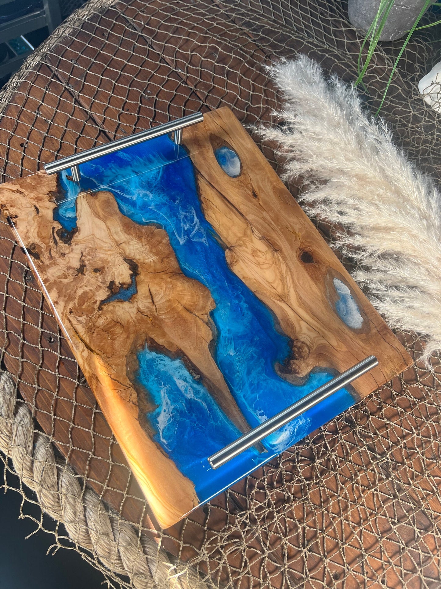 Olive Wood Ocean Waves, Resin Serving Tray, Charcuterie Board, Cheeseboard