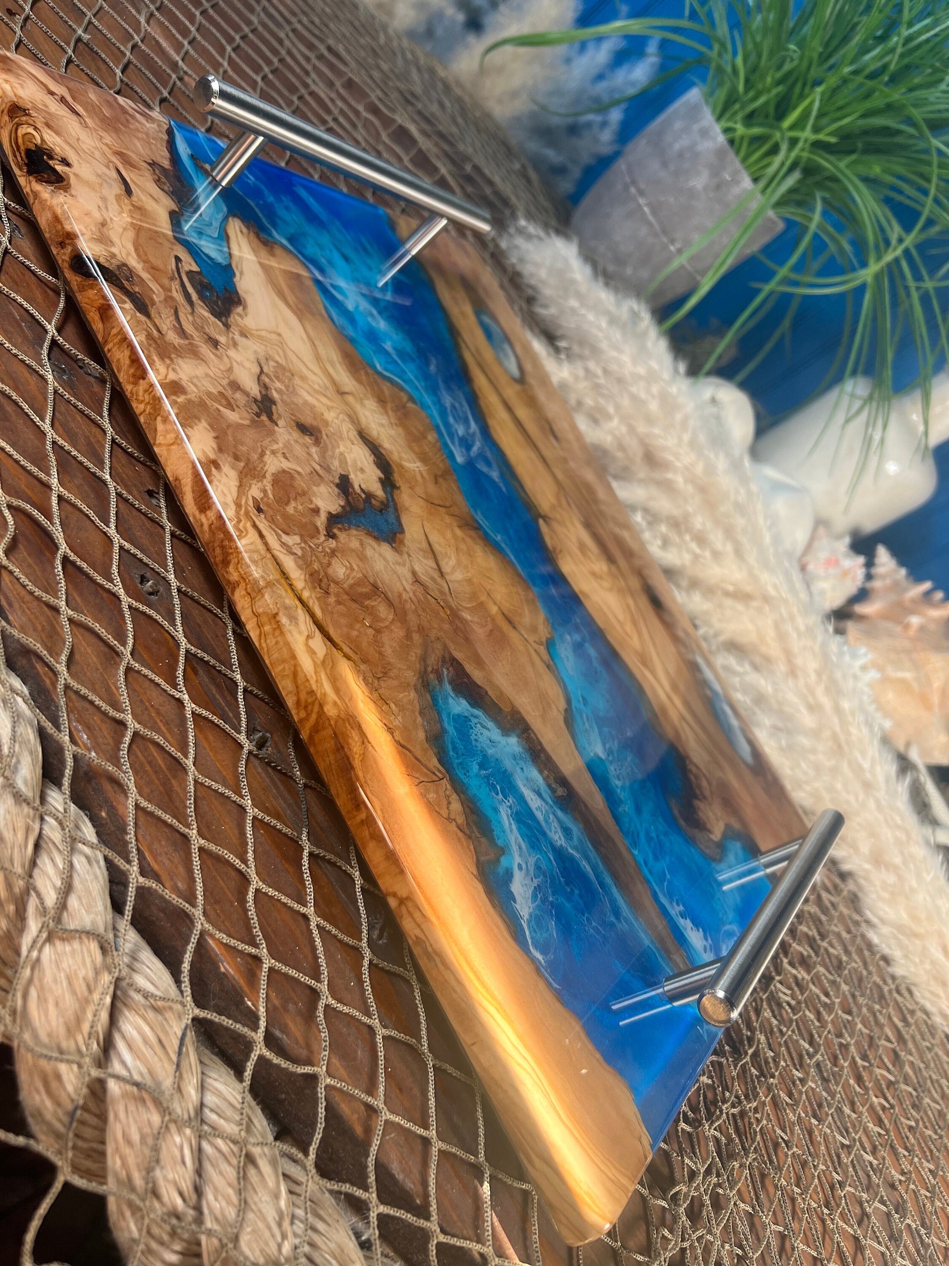 Olive Wood Ocean Waves, Resin Serving Tray, Charcuterie Board, Cheeseboard