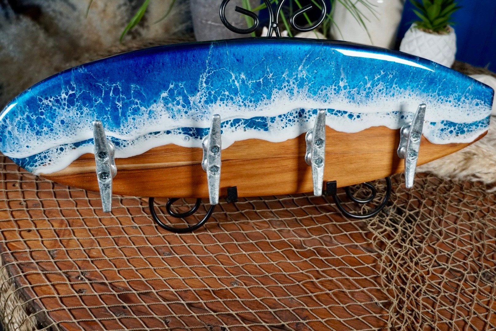 Teak wood Ocean Waves Resin Surfboard coat or towel hanger