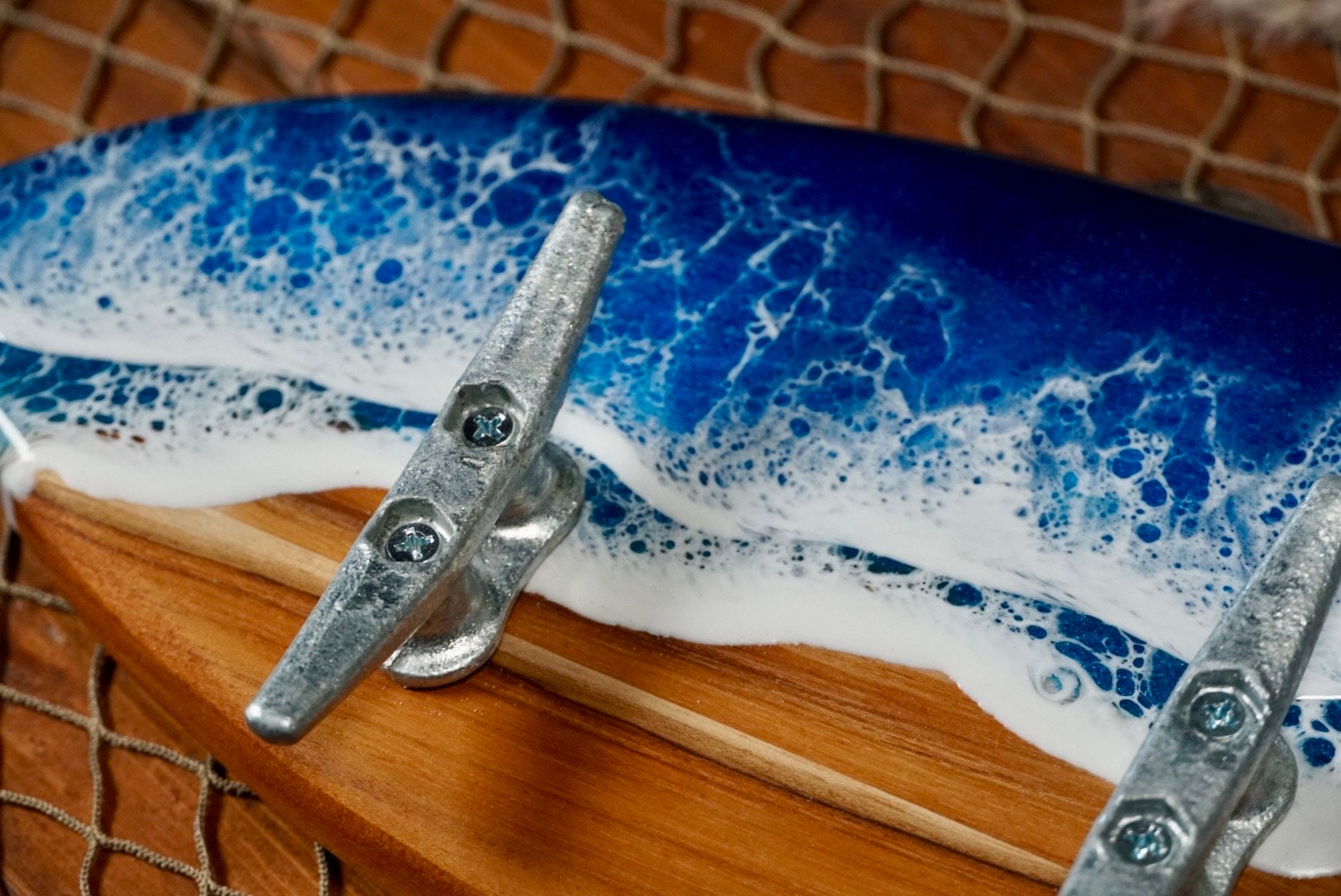 Teak wood Ocean Waves Resin Surfboard coat or towel hanger