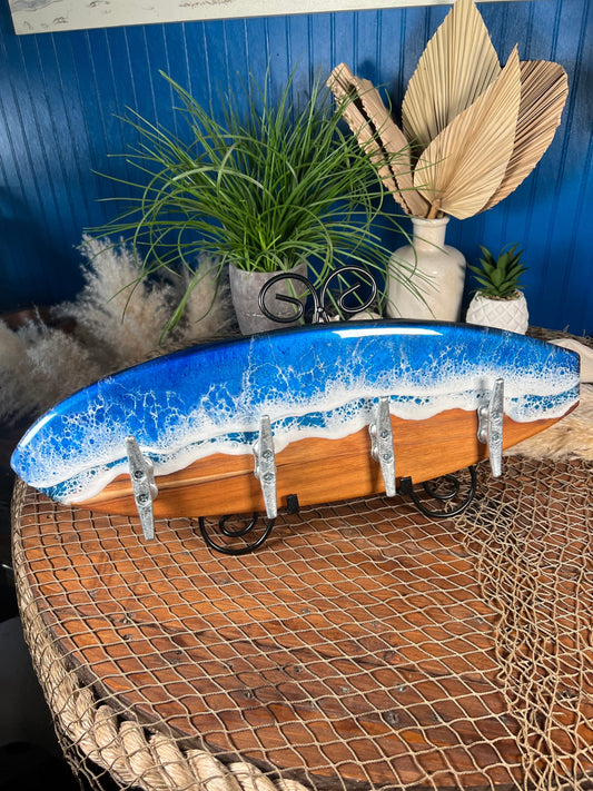 Teak wood Ocean Waves Resin Surfboard coat or towel hanger