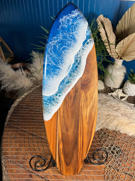 Teak Ocean Waves Resin Surfboard, Serving Tray, Charcuterie Board, Wall Art